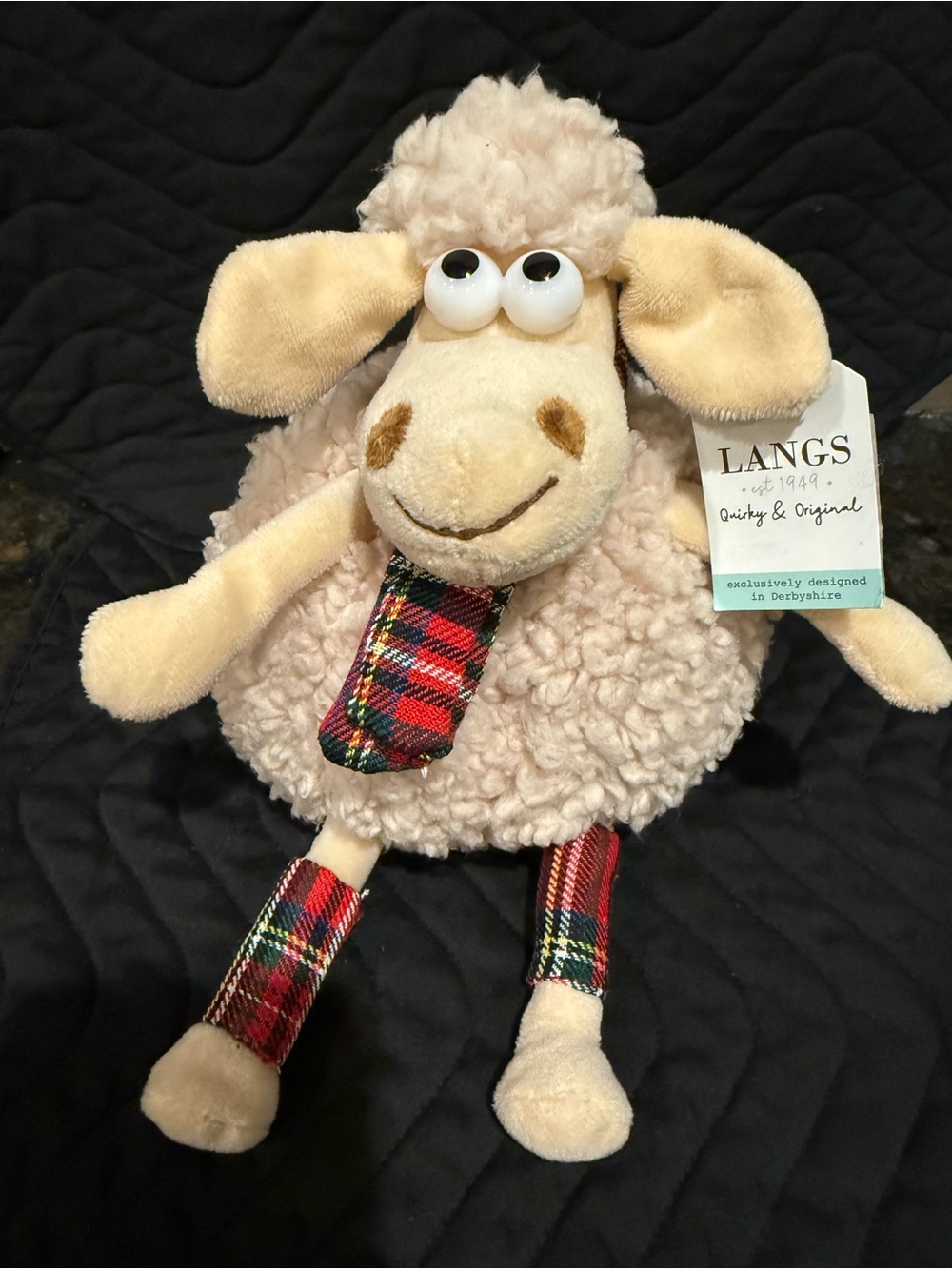 Cream Plush Holiday Sheep with Red Tartan Accents